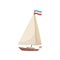 Flat vector icon of sailing yacht with flag of Croatia and lifebuoy. Marine vessel. Wooden boat with sail