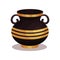 Flat vector icon of shiny black amphora with golden stripes. Ancient jug with two handles and broad neck. Greek pottery