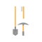 Flat vector icon of shovel, brush and pickaxe. Working instruments with wooden handles. Set of tools for archaeological