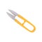 Flat vector icon of steel thread clippers with bright yellow handle. Professional working instrument of tailor