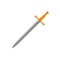 Flat vector icon of sword with long sharp blade and golden grip. Fighting weapon of medieval warrior