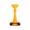 Flat vector icon of tall golden cup on brown stand. Winner s gold trophy. Reward for victory