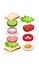 Flat vector icon of tasty sandwich with flying ingredients. Appetizing food for lunch. Delicious snack. Culinary theme
