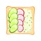 Flat vector icon of toasted bread slice with cucumbers, radish and cheese. Sandwich with fresh vegetables. Healthy