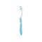 Flat vector icon of white-blue toothbrush, side view. Small brush for cleaning teeth. Item of personal hygiene