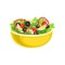 Flat vector icon of yellow bowl with tasty salad. Appetizing dish from boiled eggs and fresh vegetables. Element for