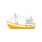 Flat vector icon of yellow fishing trawler. Ship with trawling gear and lifebuoys. Marine vessel for industrial sea