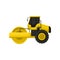 Flat vector icon of yellow road roller. Engineering motor vehicle with heavy roller. Machine used roadmaking