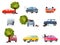 Flat vector icons of broken vehicles after road accidents. Car with punctured tire. Robber in black mask broke window in