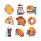 Flat vector icons with fast food and drinks. Sandwich, coffee, hamburger, pizza, tacos, donut, soda, hot dog and french
