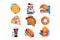 Flat vector icons with fast food and drinks. Sandwich, coffee, hamburger, pizza, tacos, donut, soda, hot dog and french