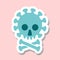 Flat vector illlustration sticker  green skull , crossed bones Coronavirus  isolated on pink background.