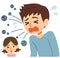 Flat vector illustration of bad example of cough etiquette. To cough or sneeze without doing anything.