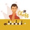 Flat vector illustration of cartoon funny chessplayer play chess. Front view character with lettering. Man player