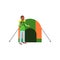 Flat vector illustration of cheerful black man with hiking backpack on his shoulders standing near big camping tent