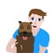 Flat vector illustration, cheerful portrait of a guy with a dog.