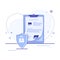 Flat vector illustration of clipboard with paper documents and shield with lock.