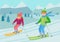 Flat vector illustration of couple skiing