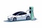 A flat vector illustration depicts an electric sedan car parked and charging at a fast charger EV station using a plug-in cable,