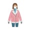 Flat vector illustration of a fashionable girl in a pink biker sheepskin coat and protective masks against viruses. Prevention of