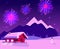 Flat vector illustration of fireworks over mountain landscape with one-story country house with lighting windows. Purple-pink