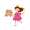 Flat vector illustration of happy little girl in princess dress and crown on head. Child playing with cardboard horse