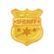 Flat vector illustration of police golden badge with stars and engraved word sheriff. Policeman emblem.