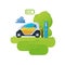 Flat vector illustration of a red electric car charging at the charger station Vector Electric car infographic with icons