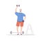 Flat vector illustration Senior Fitness. Smiling grandfather lifting weights.