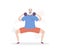 Flat vector illustration Senior Fitness. Smiling grandfather lifting weights and doing Sumo squat.
