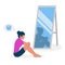 Flat vector illustration of a skinny girl with low self-esteem sitting in front of a mirror. The girl looks into her