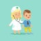 Flat vector illustration of two adorable babies playing in doctor and patient game. Baby girl examining her brother with