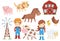 Flat vector illustration of various domestic animals livestock, birds, kids in blue working overalls, wind pump, wooden