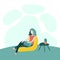 Flat vector ilustration of woman sitting with laptop on soft beanbag chair near small table with plant in pot on it