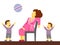 A flat vector image of a pregnant woman being tired with older children. Motherhood theme. Kids playing ball