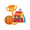 Flat vector items related to school and education theme. Golden cup, basketball ball, colorful backpack and banana