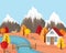 Flat Vector Landscape Illustration in Autumn. Country house