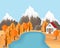 Flat Vector Landscape Illustration in Autumn. Country house