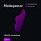 Flat vector Madagascar map in violet colors on a striped black background.