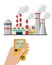 Flat vector of nuclear plant and hand holding radiation dosimeter