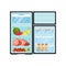 Flat vector of open fridge with food and drinks. Fresh fruits, vegetables and meat products, eggs and bottles of juice