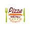 Flat vector premium pizza house menu logo creative design with fork and knife. Fast food baked goods. Colorful pizzeria