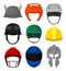 Flat vector set of 9 helmets. Protective headgear for knight, builder, motorcyclist, boxer, football and hockey players