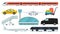 Flat vector set of airport elements. Express train, taxi, airplane, passenger transport, terminal building, trolley with