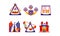 Flat vector set of amusement park elements. Funfair attractions, carousels and circus tent