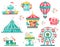 Flat vector set of amusement park equipment. Carnival carousels, ticket booth and ice-cream stall. Entertainment theme