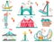 Flat vector set of amusement park icons. Funfair attractions, entrance gate, circus tent and shooting gallery