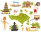 Flat vector set of Balinese landmarks and cultural objects. People, historical monuments, map of Bali island