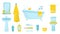 Flat vector set of bathroom items. Bath with foam and rubber duck, bathrobe and towel, cosmetics for skin care and