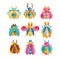 Flat vector set of beetles with bright wings, horns and paws. Colorful flying insects. Flaticons with gradients and